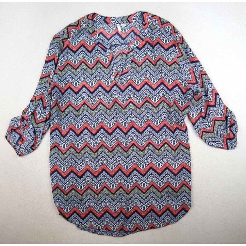 CATO - WOMEN'S BLUE CHEVRON PRINT 3/4 SLEEVE SILKY TEXTURED TUNIC TOP -  22/24